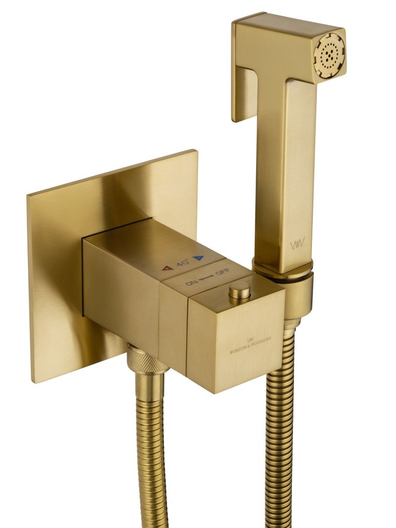Приобрести смеситель с гигиеническим душем и термостатом встраиваемый wonzon & woghand, брашированное золото (ww-88829910-bg)