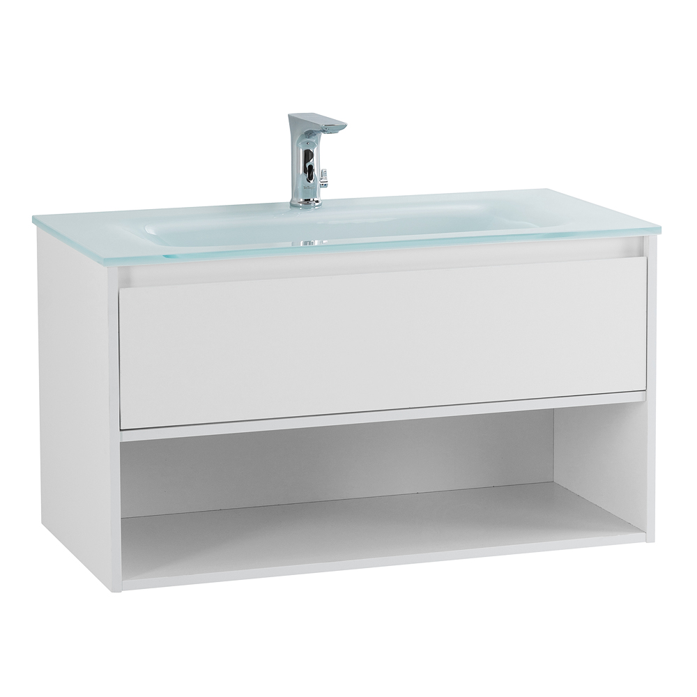 Приобрести belbagno тумба c раковиной kraft 80 см, с одним ящиком и полкой, подвесная bianco opaco, стеклянная раковина