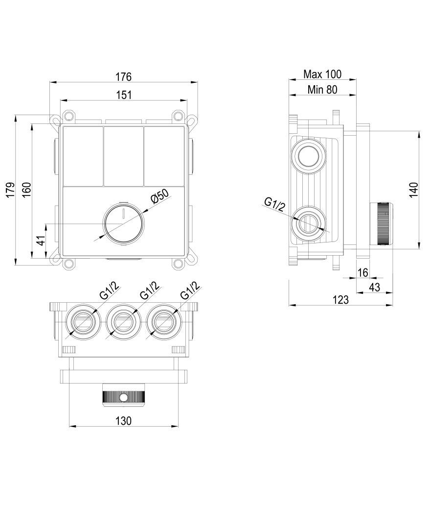 Приобрести термостатическая панель смесителя встраиваемая на 3 потребителя wonzon & woghand, брашированное золото (ww-inf363a-bg)