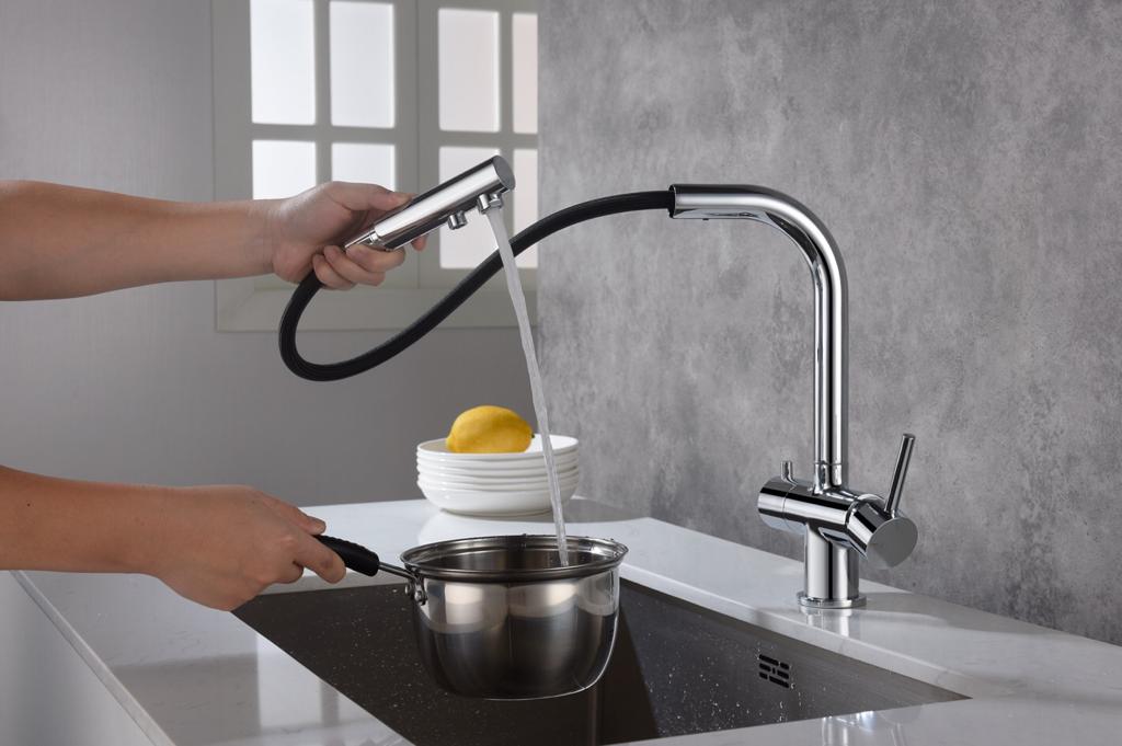 Приобрести смеситель для кухни с подключением фильтра и выдвижной лейкой timo saona 2356/00fl хром