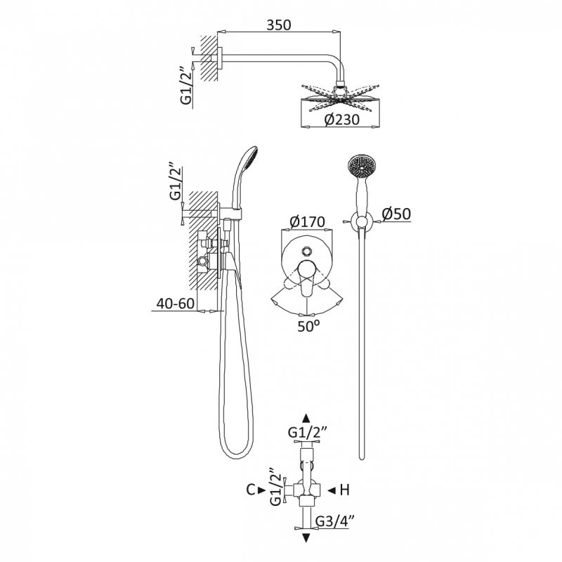 Приобрести cezares душевая система с дивиатором, хром czr-b-dsip-01