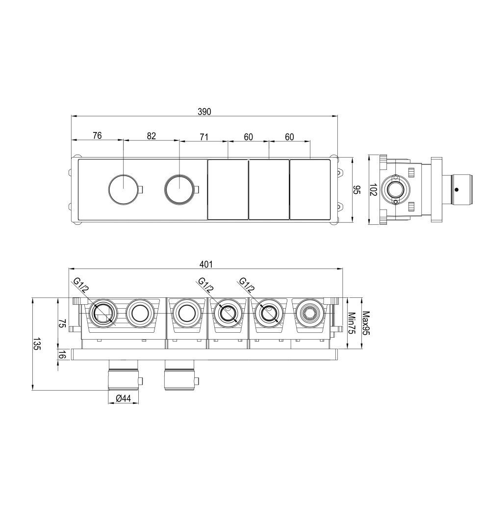 Приобрести термостатическая панель смесителя встраиваемая на 3 потребителя wonzon & woghand, черный матовый (ww-inf163a-mb)