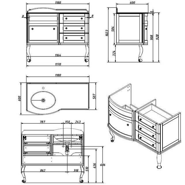 Приобрести caprigo тумба с раковиной imperio 120 см, левая, голубая, эмаль