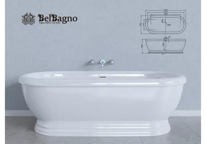 Приобрести ванна акриловая отдельностоящая belbagno 180х80 см, bb03