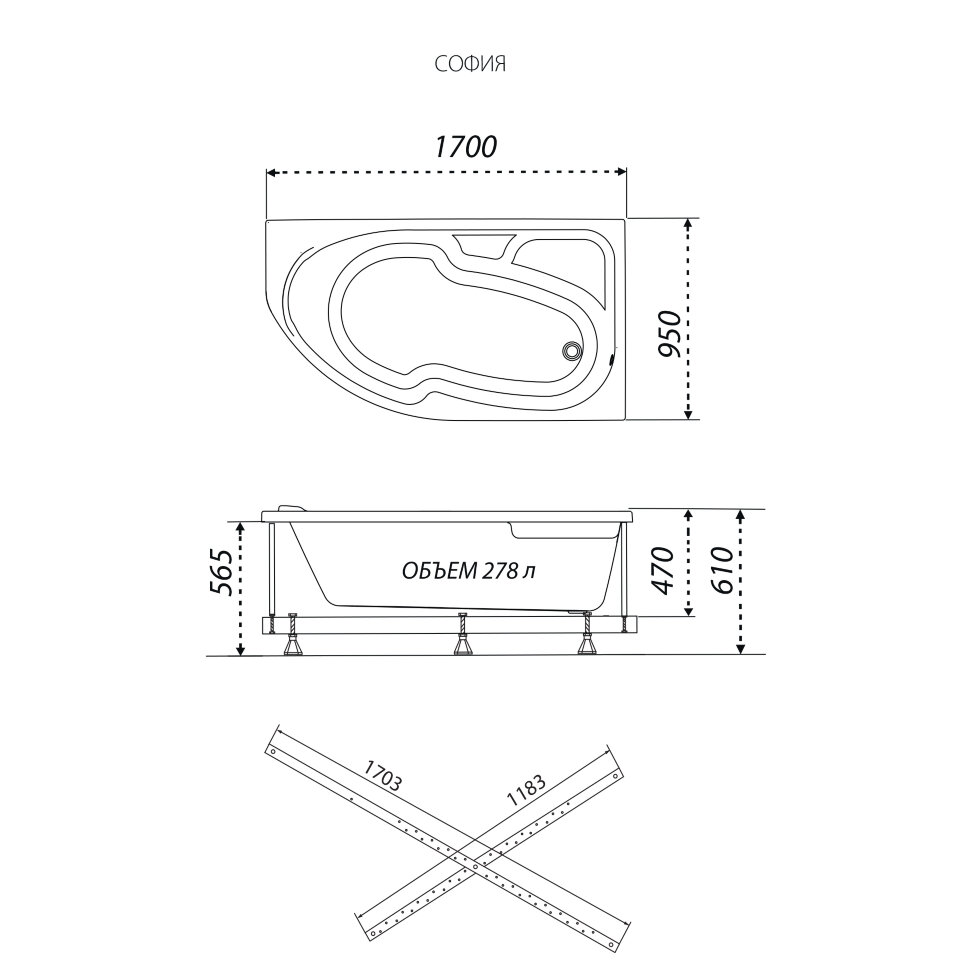 Приобрести тритон ванна акриловая софия 170х95 см, асимметричная, правая щ0000046664