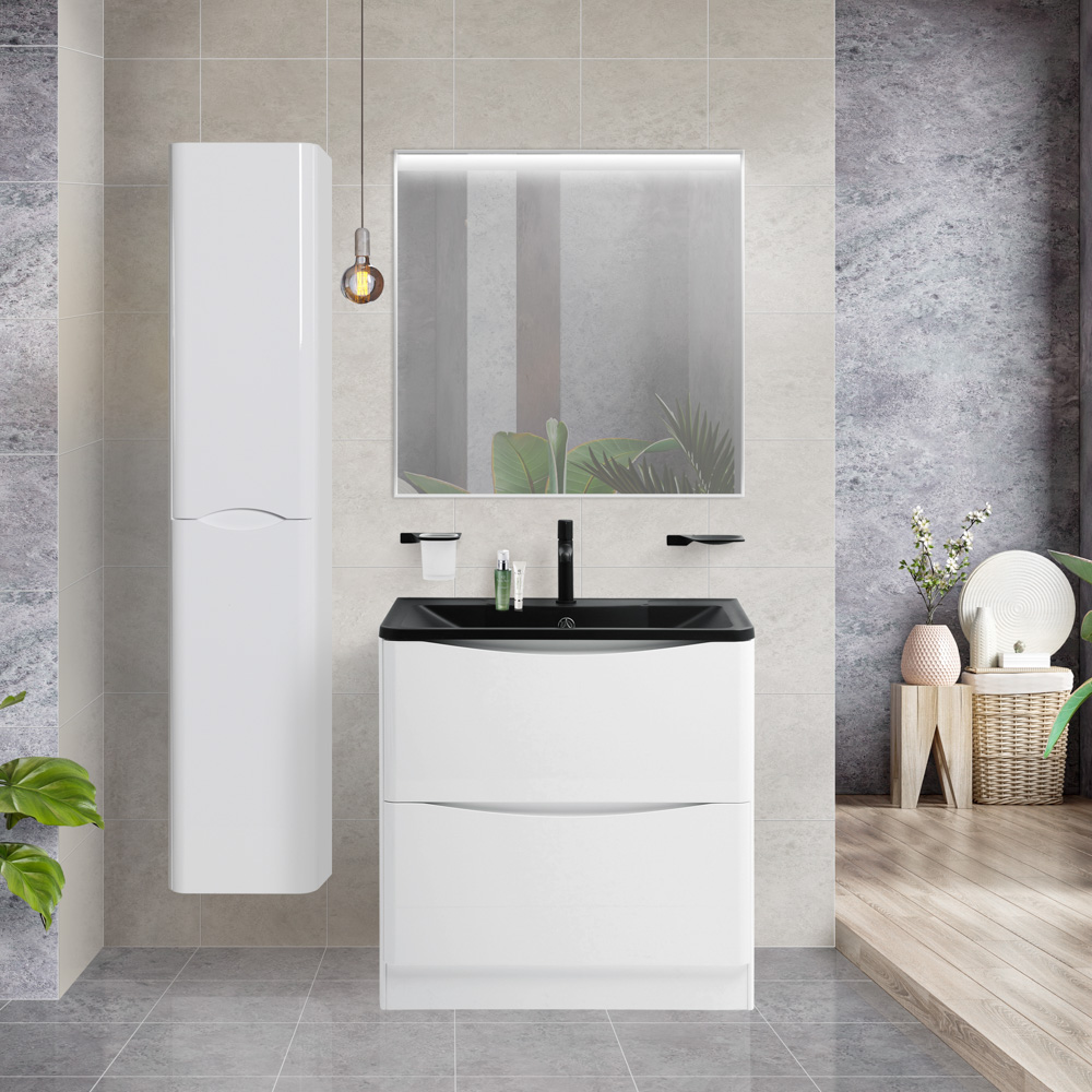 Приобрести belbagno тумба с раковиной acqua 80 см, напольная bianco lucido, чёрная раковина