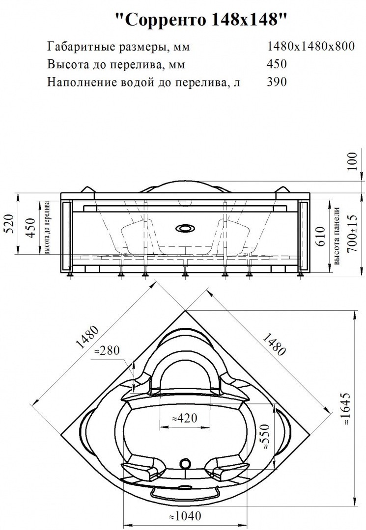 Приобрести радомир акриловая ванна сорренто 148x148 см (комплект каркас, сифон)