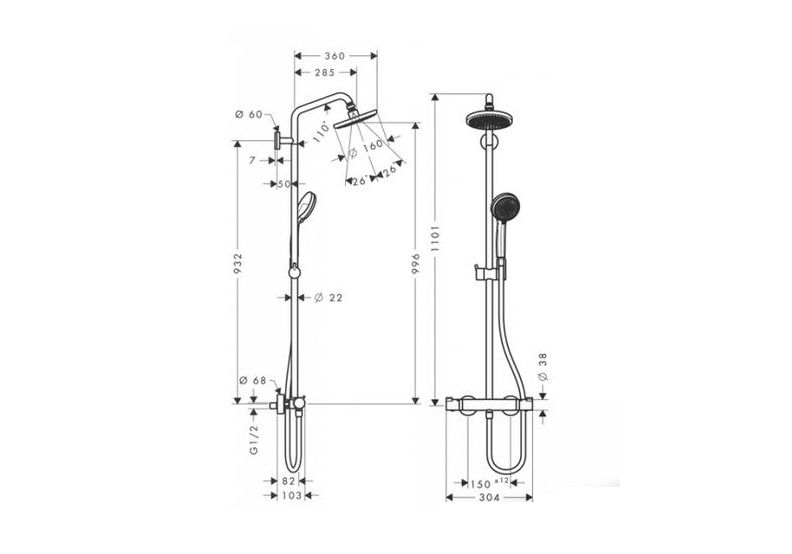 Приобрести душевая система hansgrohe croma 160 showerpipe 27135000