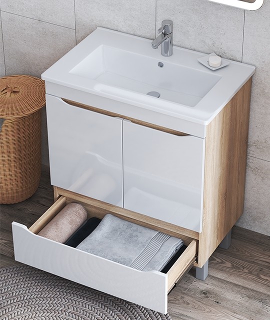 Приобрести vigo тумба с раковиной grani 75см, 2 дверцы, 1 ящик, напольная, белая\дуб сонома tn.gri.osk.75.2d.1y дуб сонома