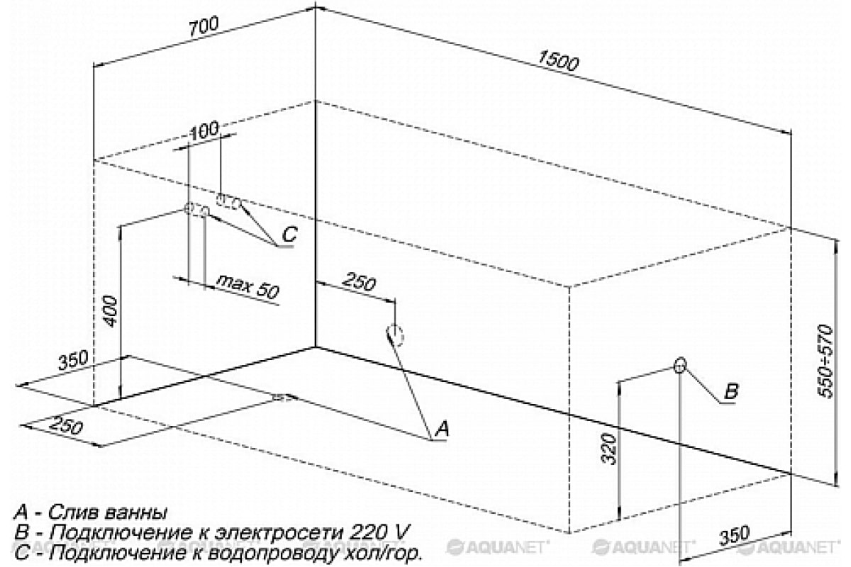 Приобрести aquanet акриловая ванна dali 150x70 см, белая