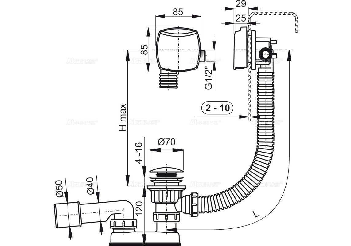 Приобрести сифон для ванны alcaplast a508km, пластик 