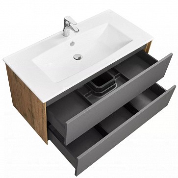 Приобрести тумба подвесная с раковиной акватон сохо 100 см, графит софт / дуб веллингтон