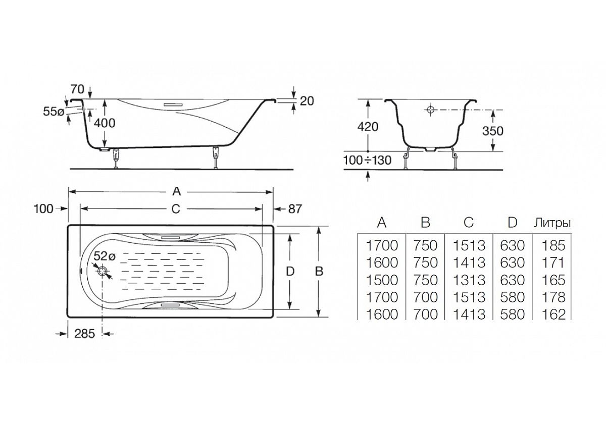 Приобрести ванна чугунная roca malibu 160х75 см 7.2310.g.000.r