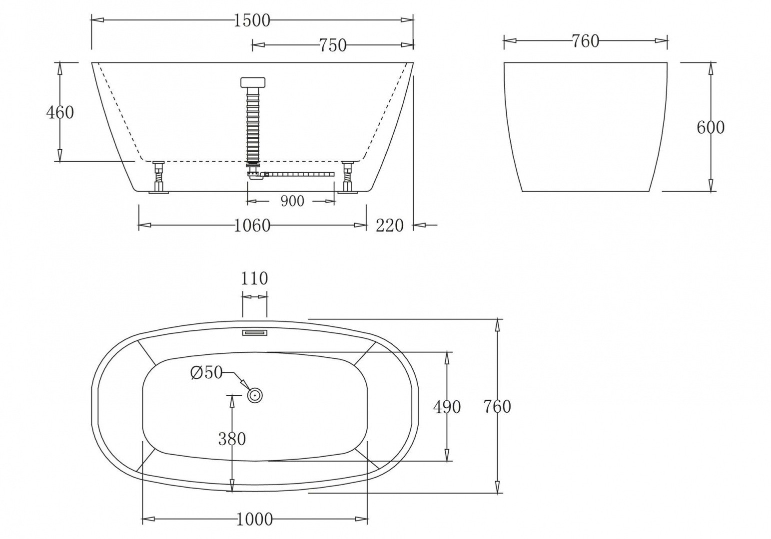Приобрести ванна акриловая отдельностоящая belbagno 150x76 см, bb72-1500