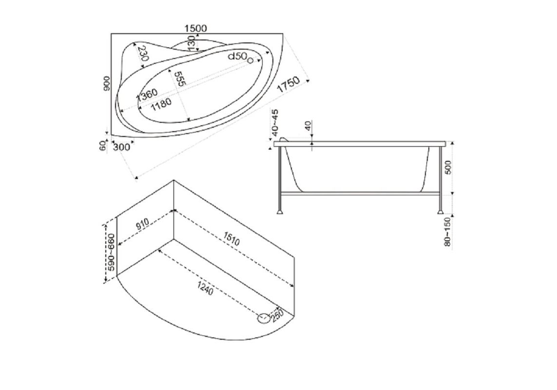 Приобрести акриловая ванна bas вектра r 150*90