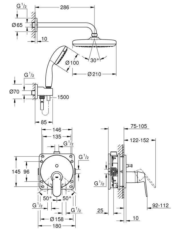 Приобрести душевая система grohe  eurosmart cosmopolitan с верхним душем tempesta 210, хром 25219001