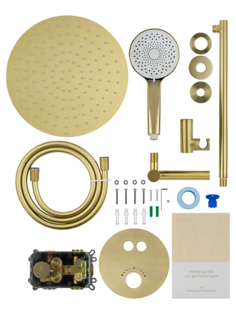 Приобрести душевая система с термостатом встраиваемая wonzon & woghand stick, брашированное золото (ww-88929010-bg)