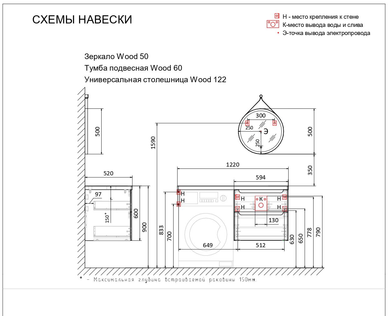 Приобрести jorno тумба подвесная wood 120 см со столешницей светлое дерево, аннтацит