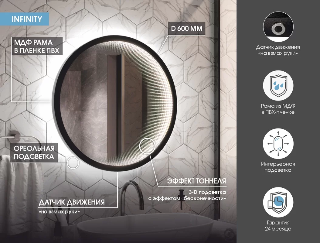 Приобрести continent зеркало с подсветкой infinity black 60х60 см, черный