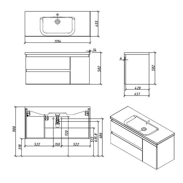 Приобрести caprigo тумба с раковиной forte-albero 120 см, правая, дюна, шпон