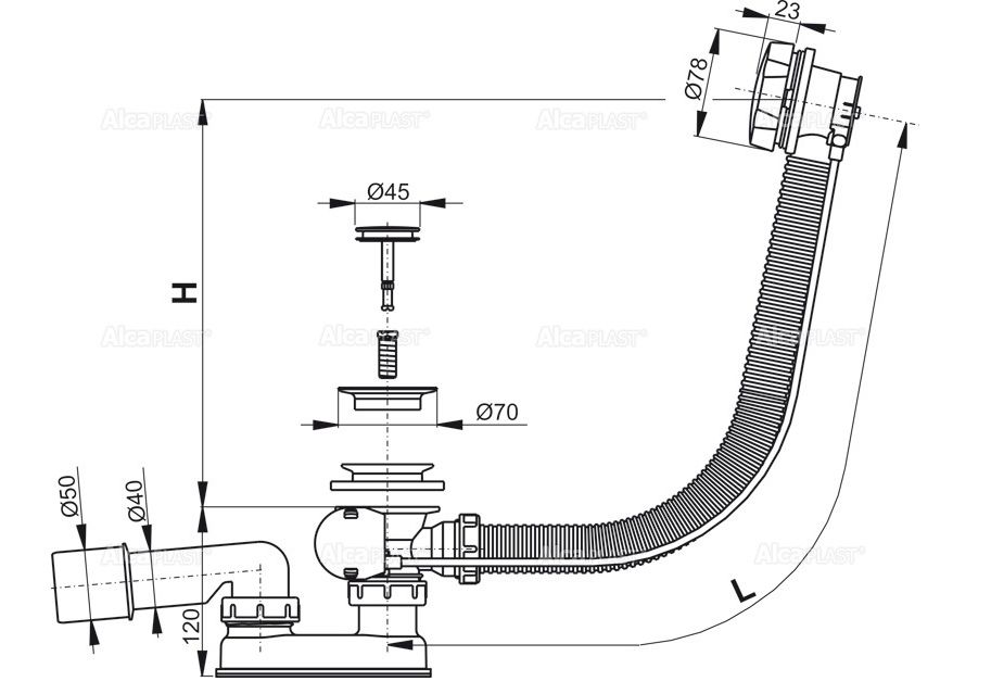Приобрести сифон для ванны alcaplast a55k-80, металл