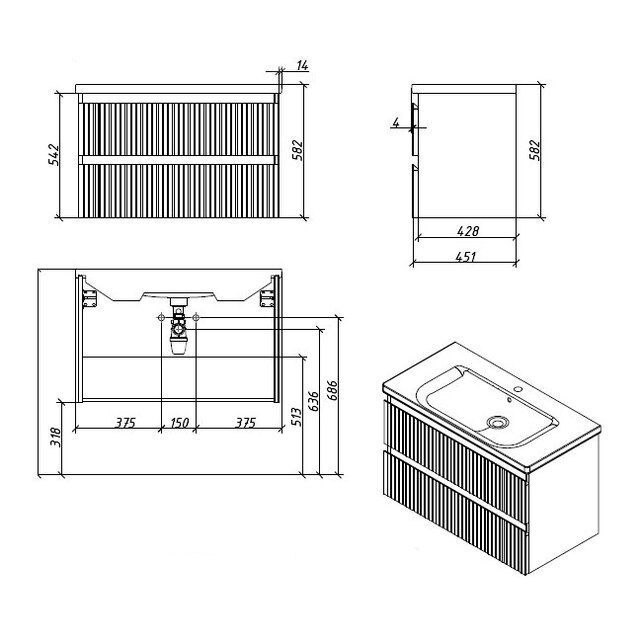 Приобрести caprigo тумба с раковиной forte-albero stripe 90 см, шпон, альберо