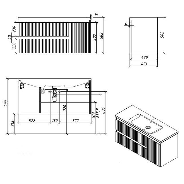 Приобрести caprigo тумба с раковиной forte-albero stripe 120 см, правая, дюна, шпон