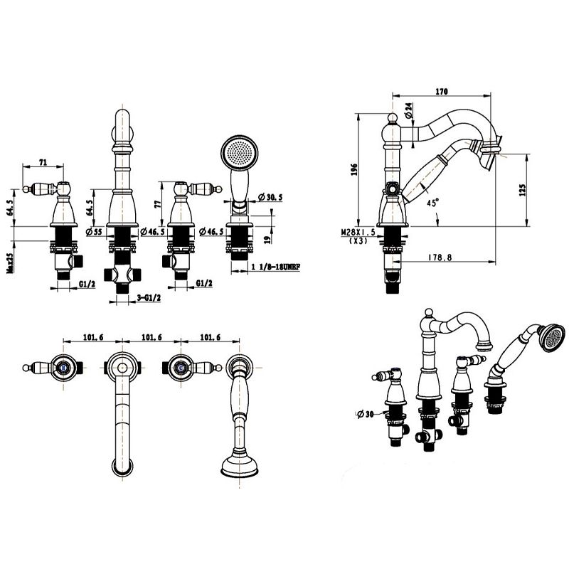 Приобрести boheme смеситель для ванны tradizionale, врезной, золото\черный 395-bsw