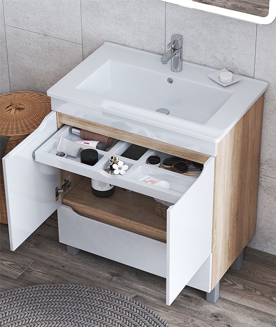 Приобрести vigo тумба с раковиной grani 75см, 2 дверцы, 1 ящик, напольная, белая\дуб сонома tn.gri.osk.75.2d.1y дуб сонома