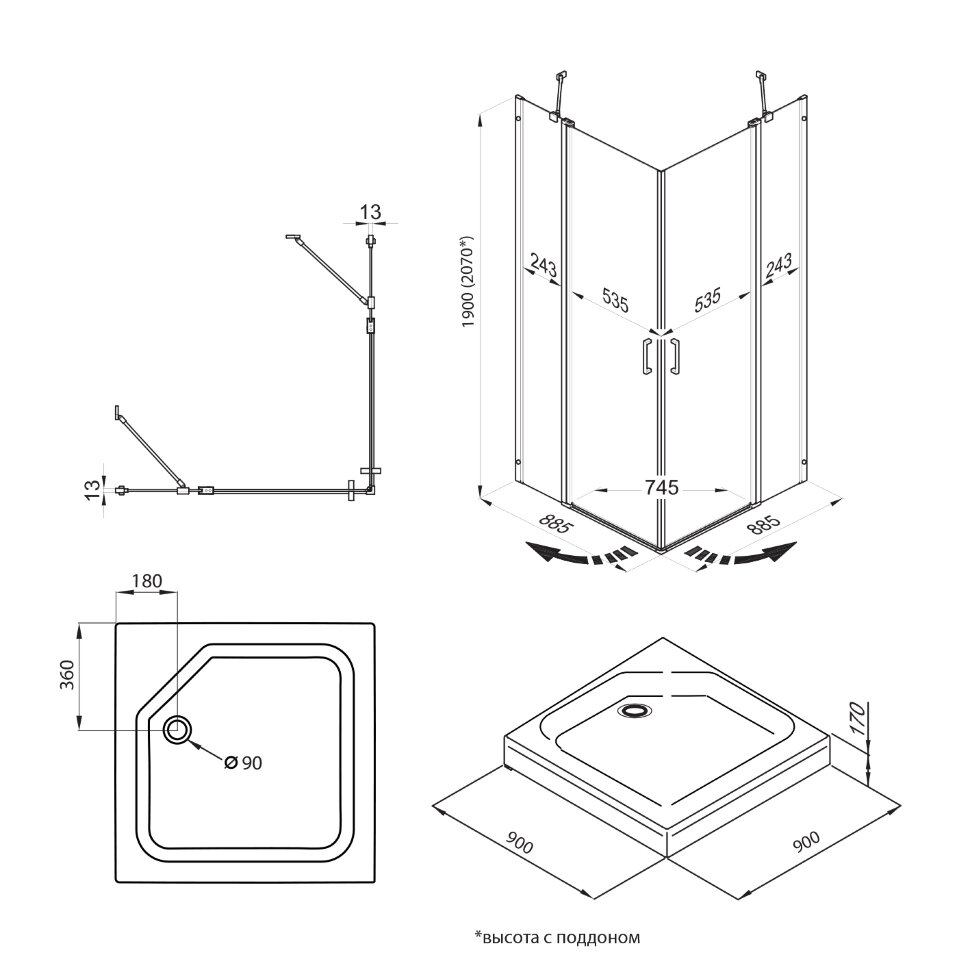 Приобрести тритон душевое ограждение тау 90х90 см, черное, прозрачное щ0000054038