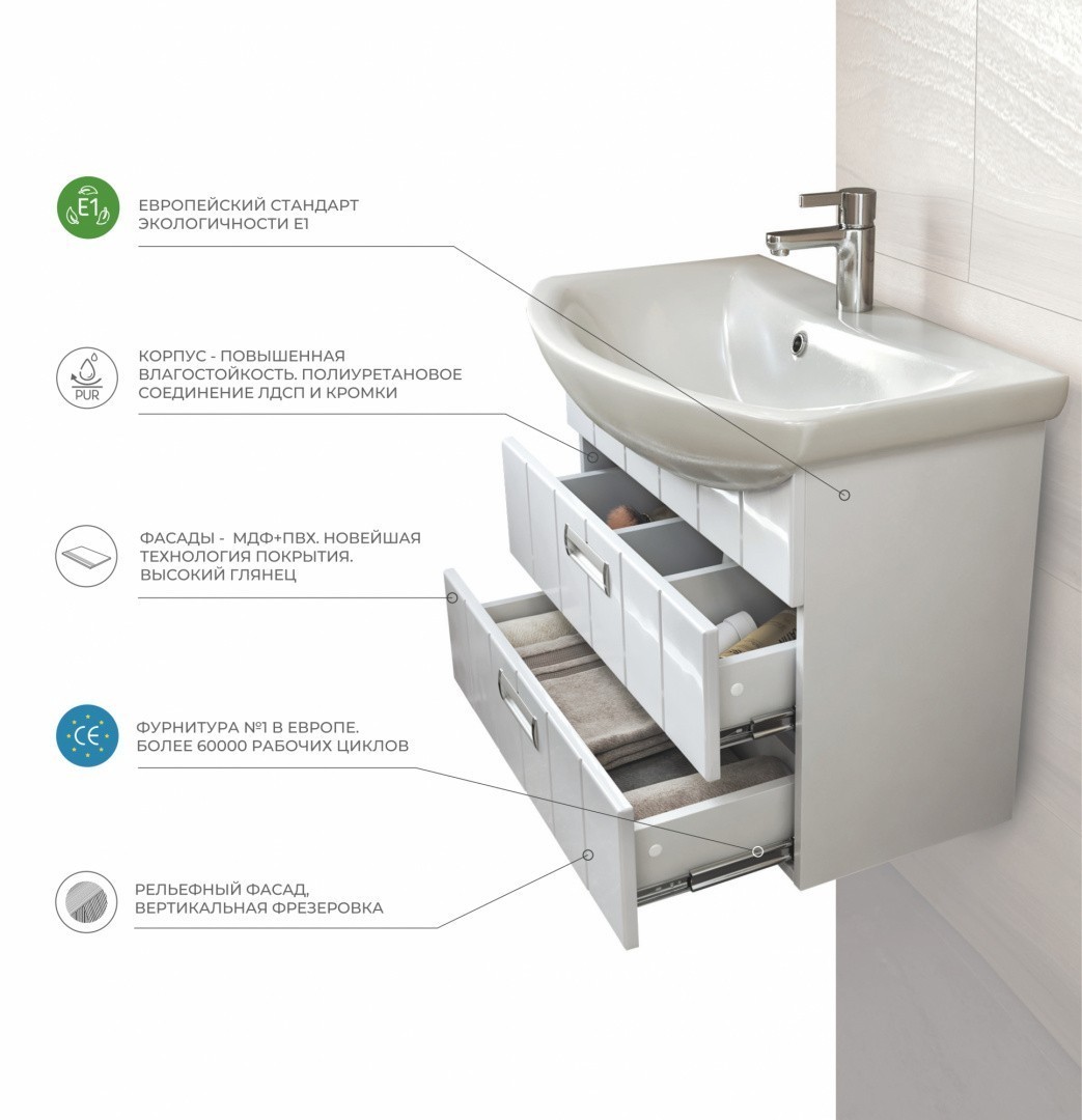 Приобрести vigo тумба с раковиной diana 60см, 2 ящика, подвесная, белая tp.dia.bal.60.2y