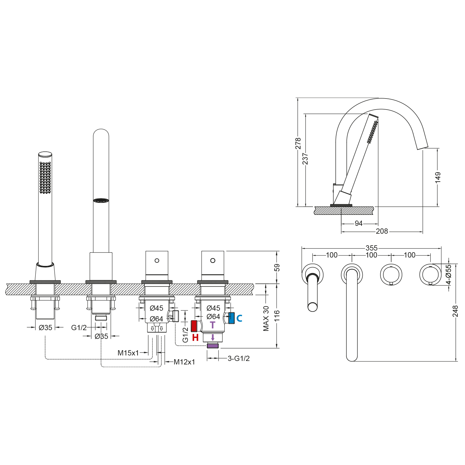 Приобрести смеситель для ванны с душем, врезной с термостатом timo saona 2330/03y черный