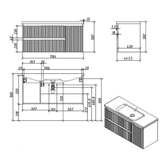 Приобрести caprigo тумба с раковиной forte-smalty stripe 120 см, правая, голубая, эмаль