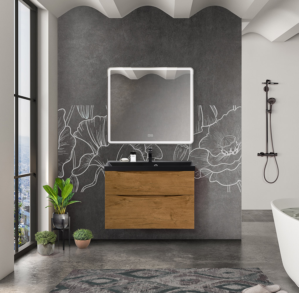 Приобрести belbagno тумба с раковиной marino-h60 80 см, подвесная rovere nature, черная раковина