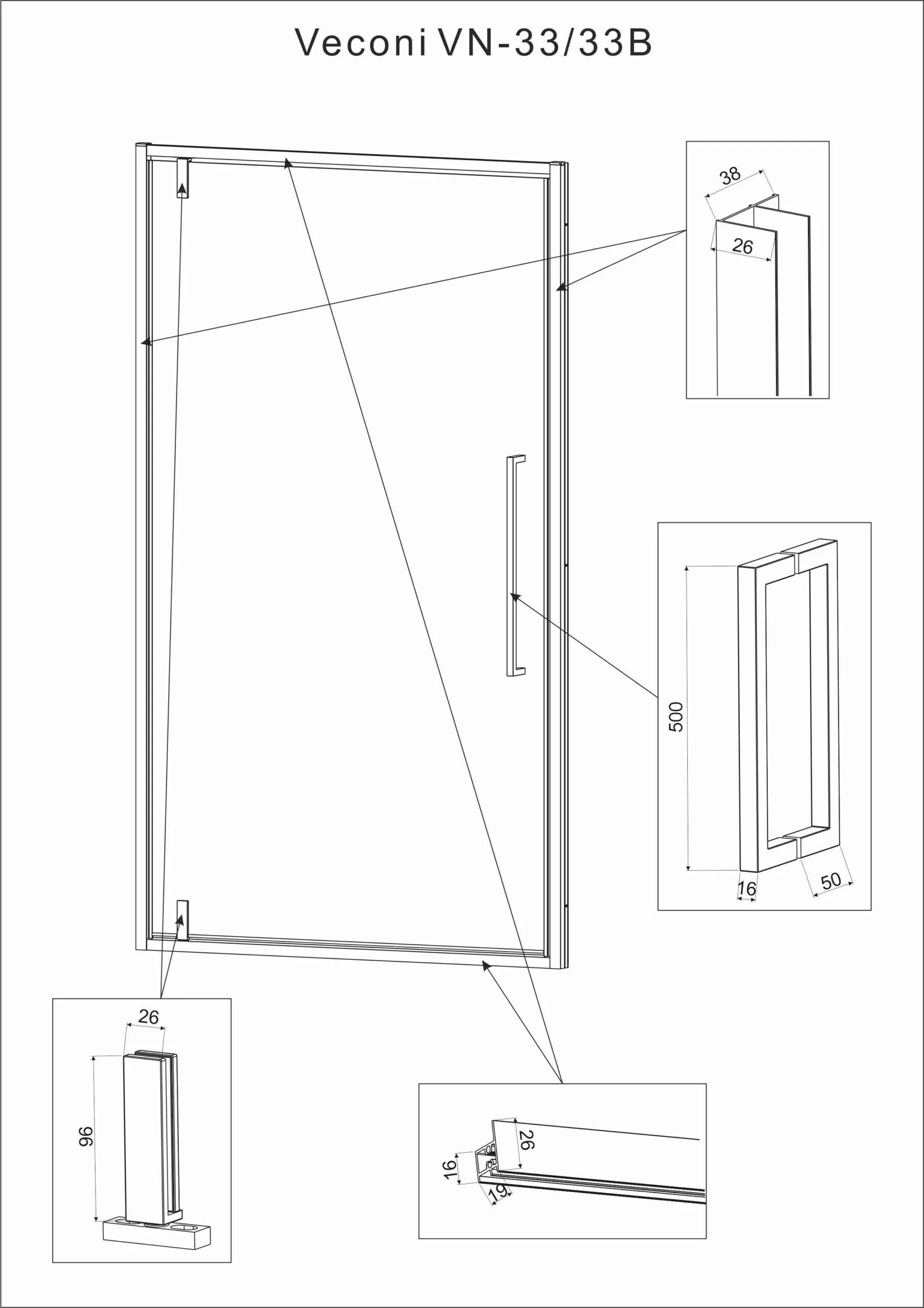 Приобрести veconi душевая дверь vianno vn-33b, 90x195 см, черный, прозрачное vn33b-90-01-c7