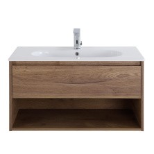 BelBagno Тумба c раковиной KRAFT 100 см, с одним ящиком и полкой, подвесная Rovere Tabacco, белая раковина