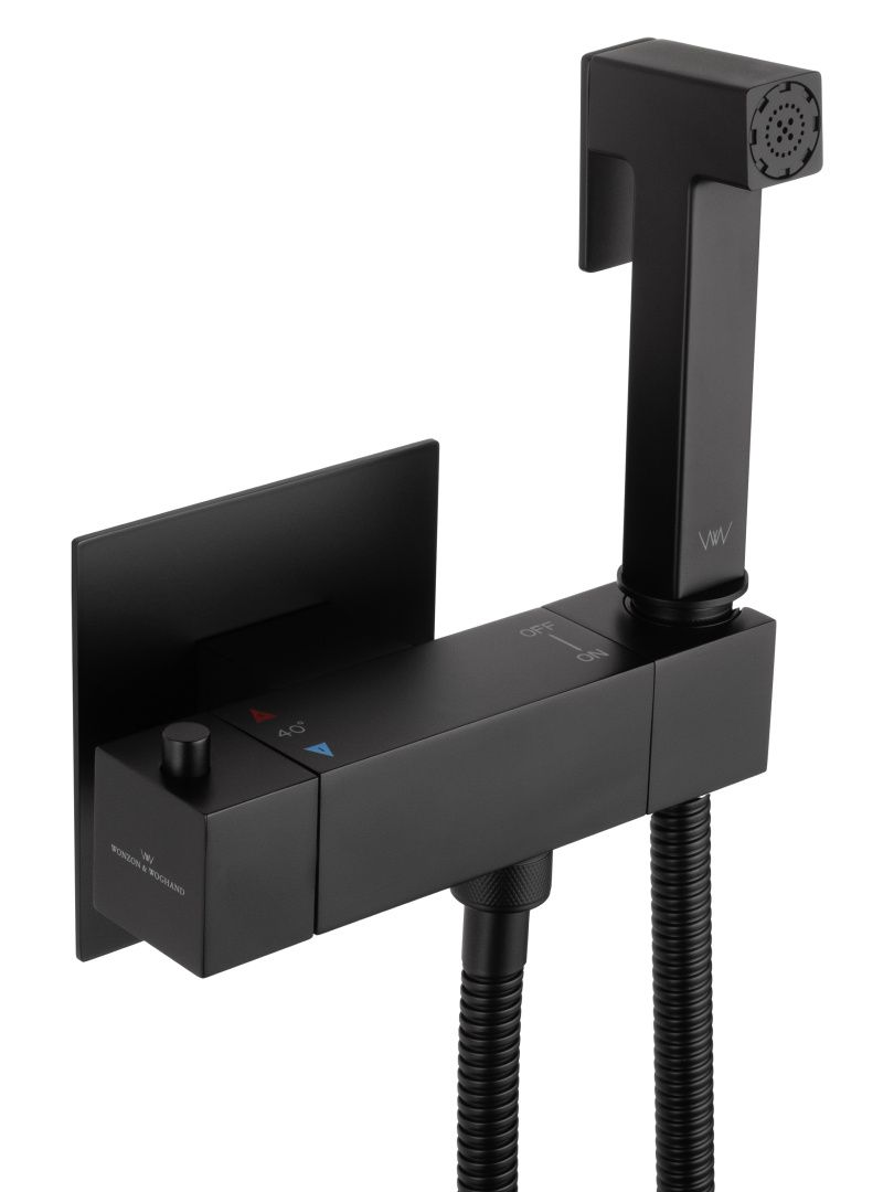 Приобрести смеситель с гигиеническим душем и термостатом встраиваемый wonzon & woghand, черный матовый (ww-88819903-mb)