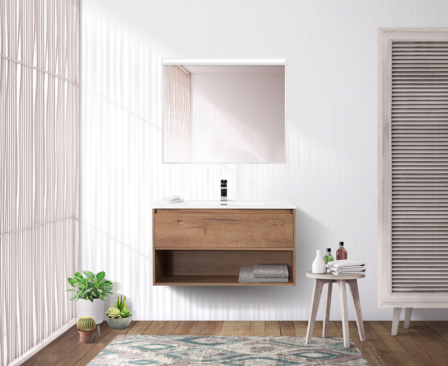 Приобрести belbagno тумба c раковиной kraft 80 см, с одним ящиком и полкой, подвесная rovere tabacco, белая раковина