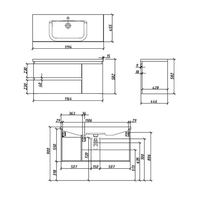 Приобрести caprigo тумба с раковиной подвесная forte 120 см, правосторонняя,серая 36117r-sf028