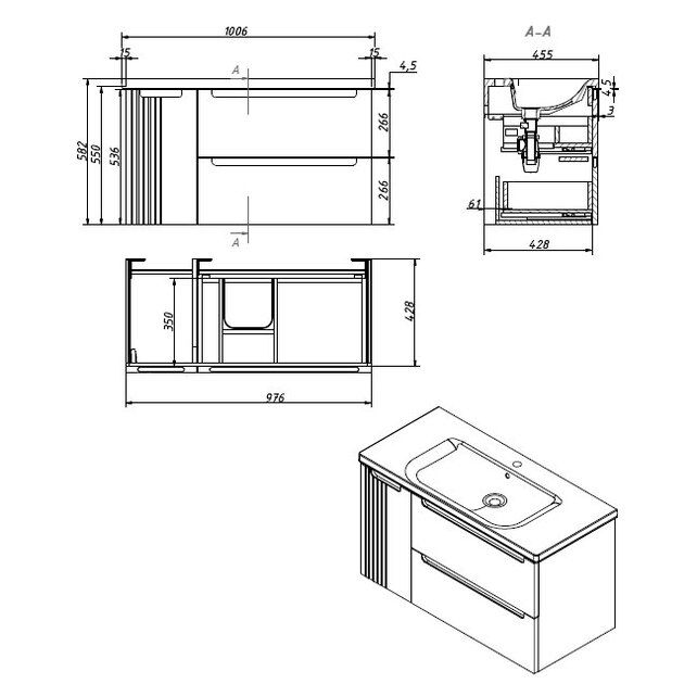 Приобрести caprigo тумба с раковиной termin-smalty meta 100 см, левая, графит, эмаль