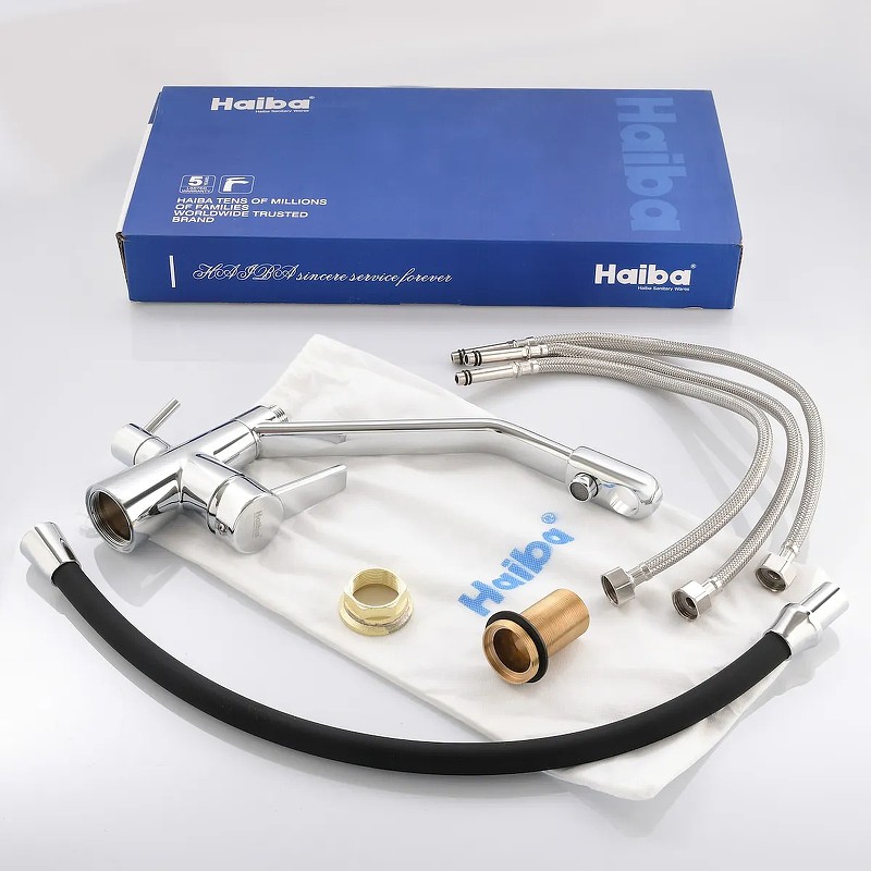 Приобрести haiba смеситель для кухни 444 мм, гибкий излив, черный\хром hb-76855